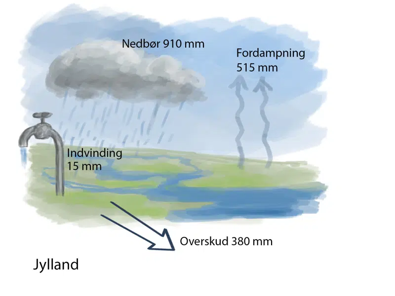 Tegning, der viser forskel på nedbør og fordampning på Jylland